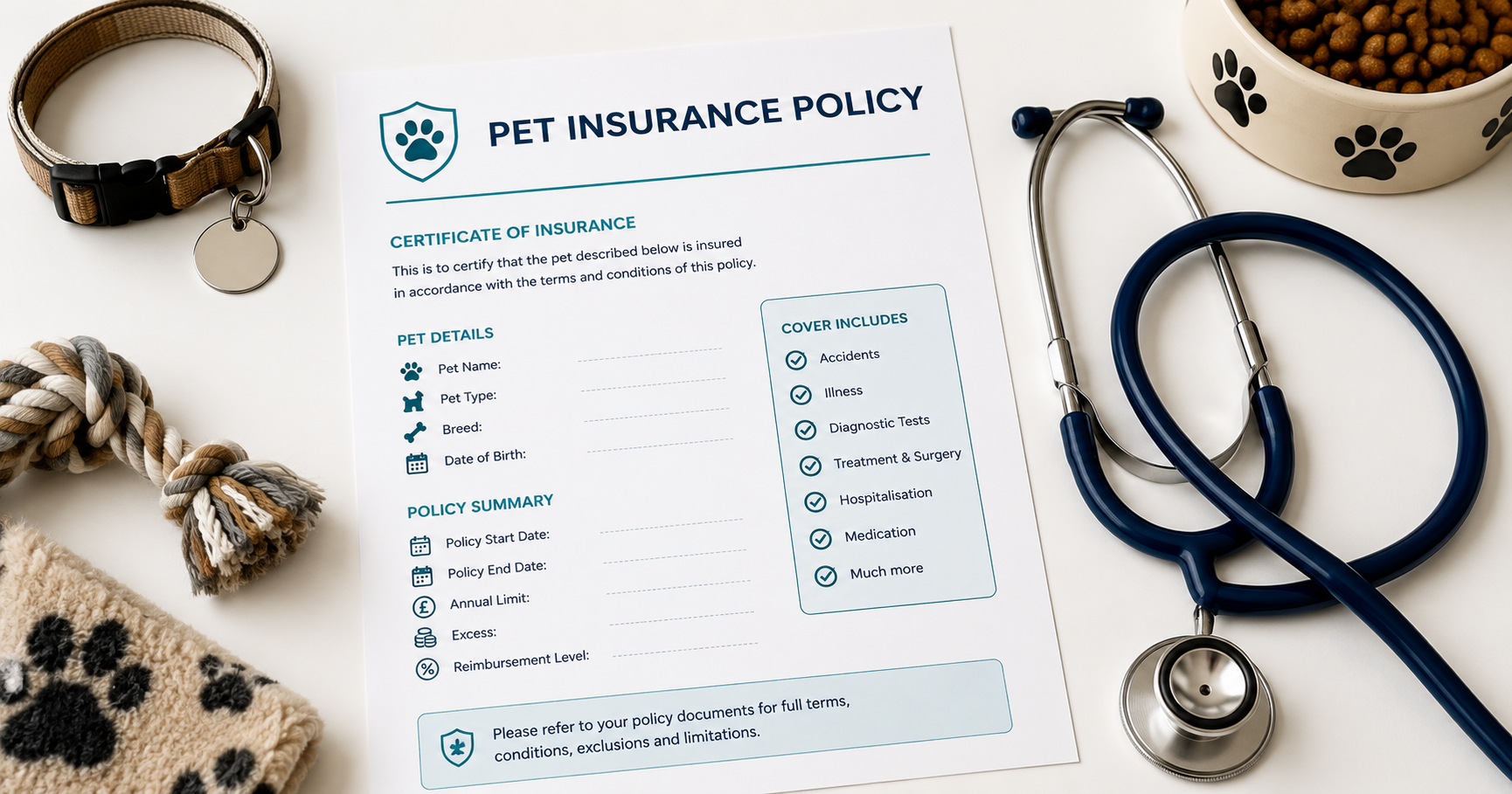 A dog sitting beside a pet insurance policy document and a veterinary stethoscope on a clean white surface