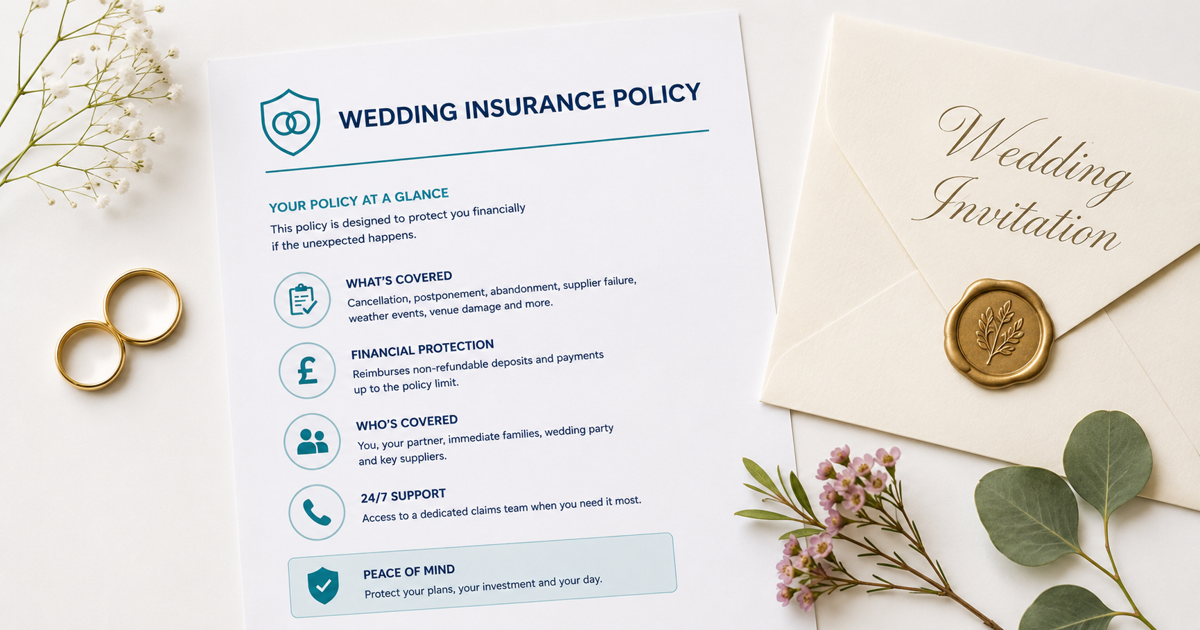 A pair of wedding rings beside a wedding insurance policy document and a wedding invitation on a clean white surface