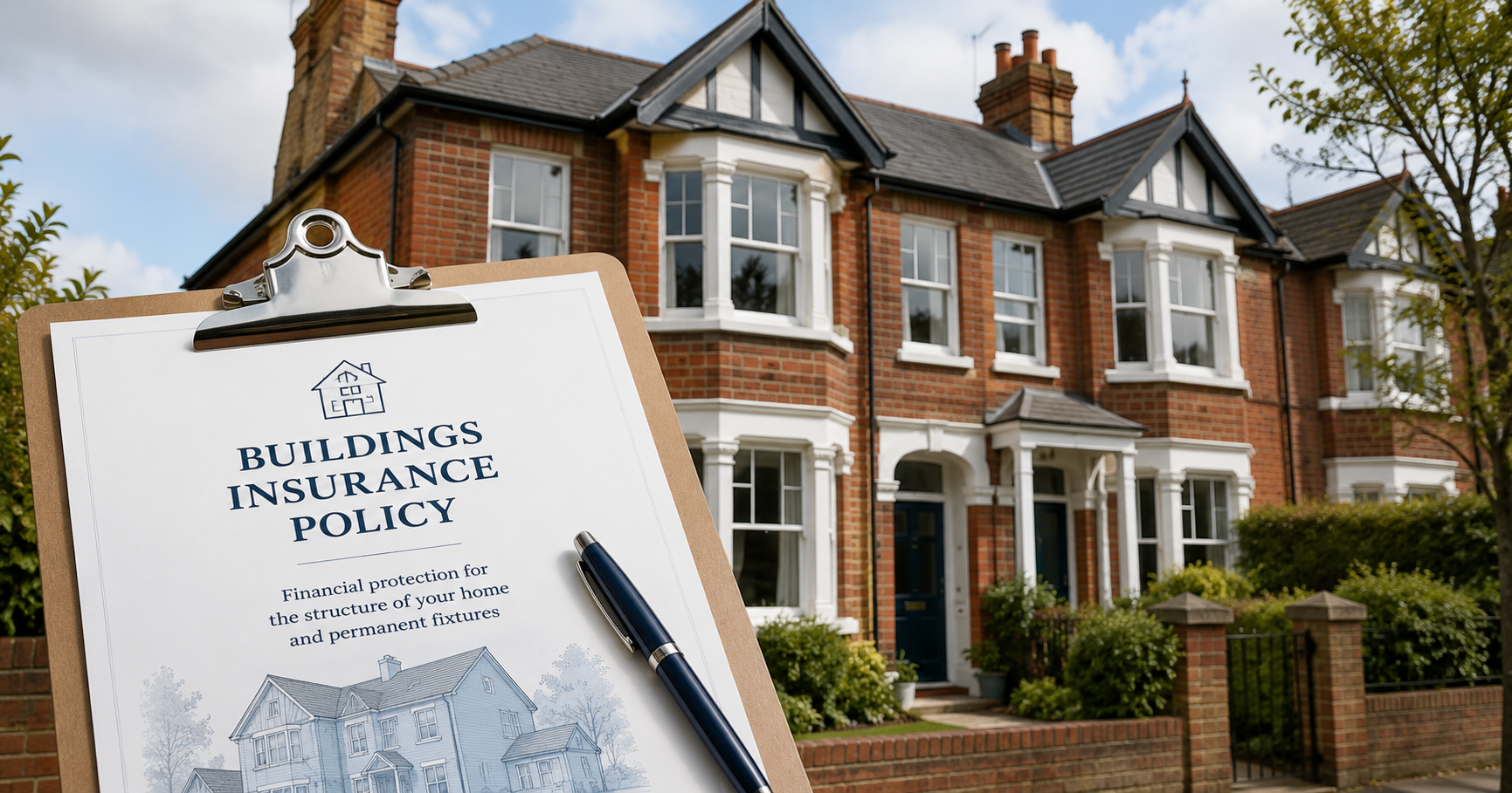 A traditional UK red-brick house with a buildings insurance policy document on a clipboard in the foreground