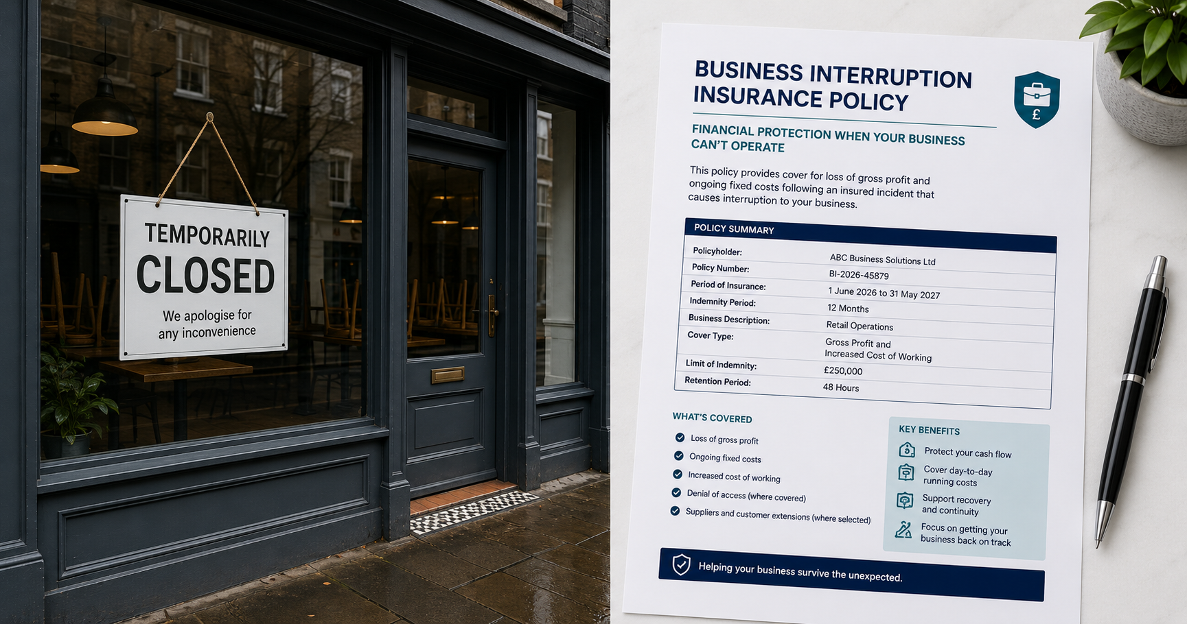 A closed business premises with a sign reading Temporarily Closed beside a business interruption insurance policy document