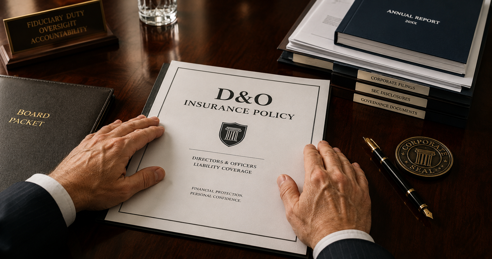 A company director reviewing a D&O insurance policy document at a boardroom table with a pen and corporate documents visible