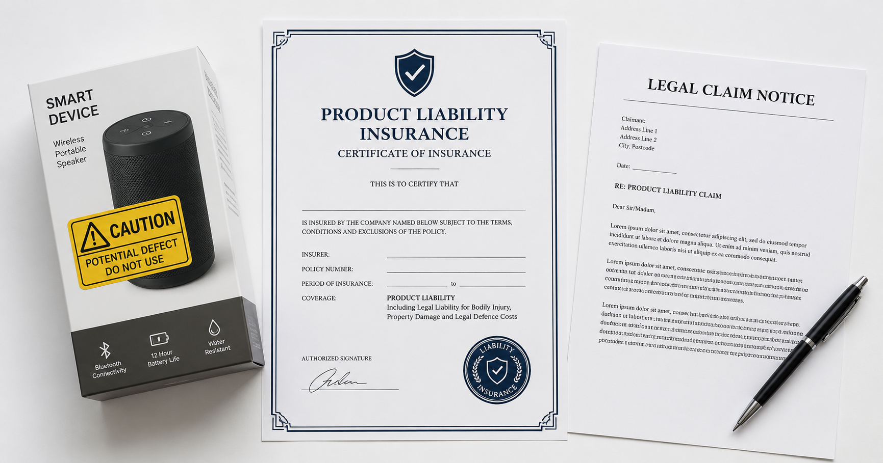 A product liability insurance certificate beside a defective product and a legal claim document on a clean white surface