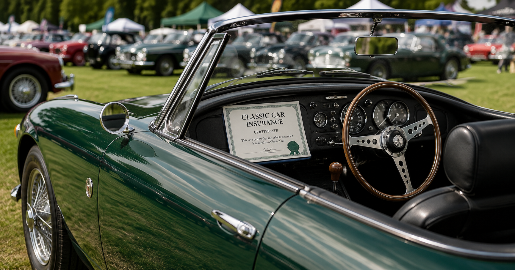 A vintage British sports car at a car show with a classic car insurance certificate visible on the dashboard