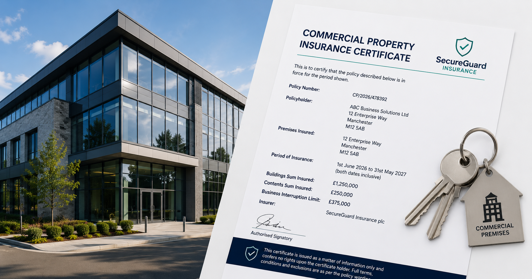 A commercial office building exterior with a policy document and set of commercial premises keys overlaid in the foreground