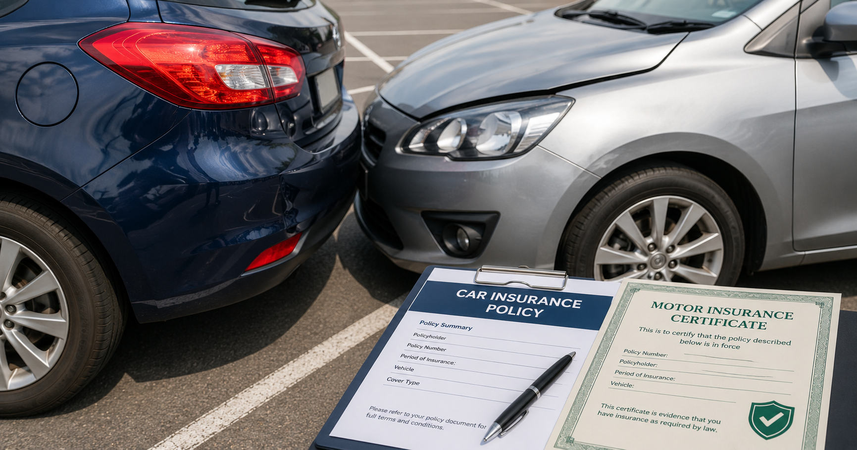 Two cars at the scene of a minor collision with an insurance policy document and certificate visible beside them
