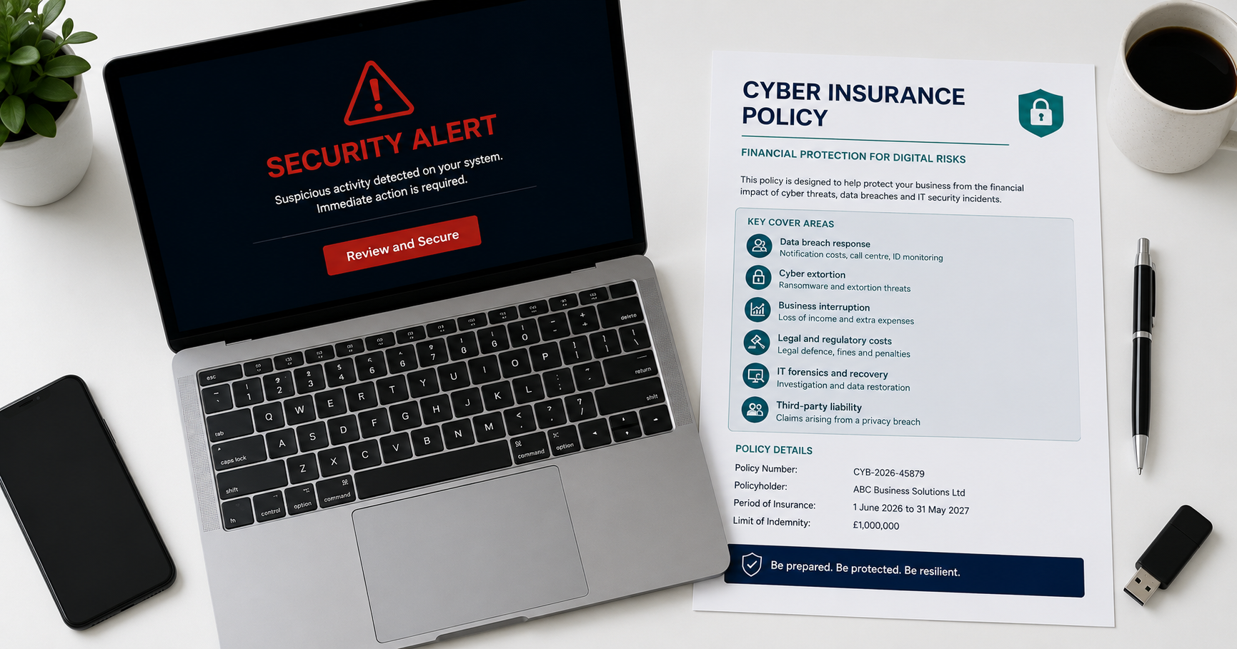A laptop showing a security warning screen beside a cyber insurance policy document on a clean white desk