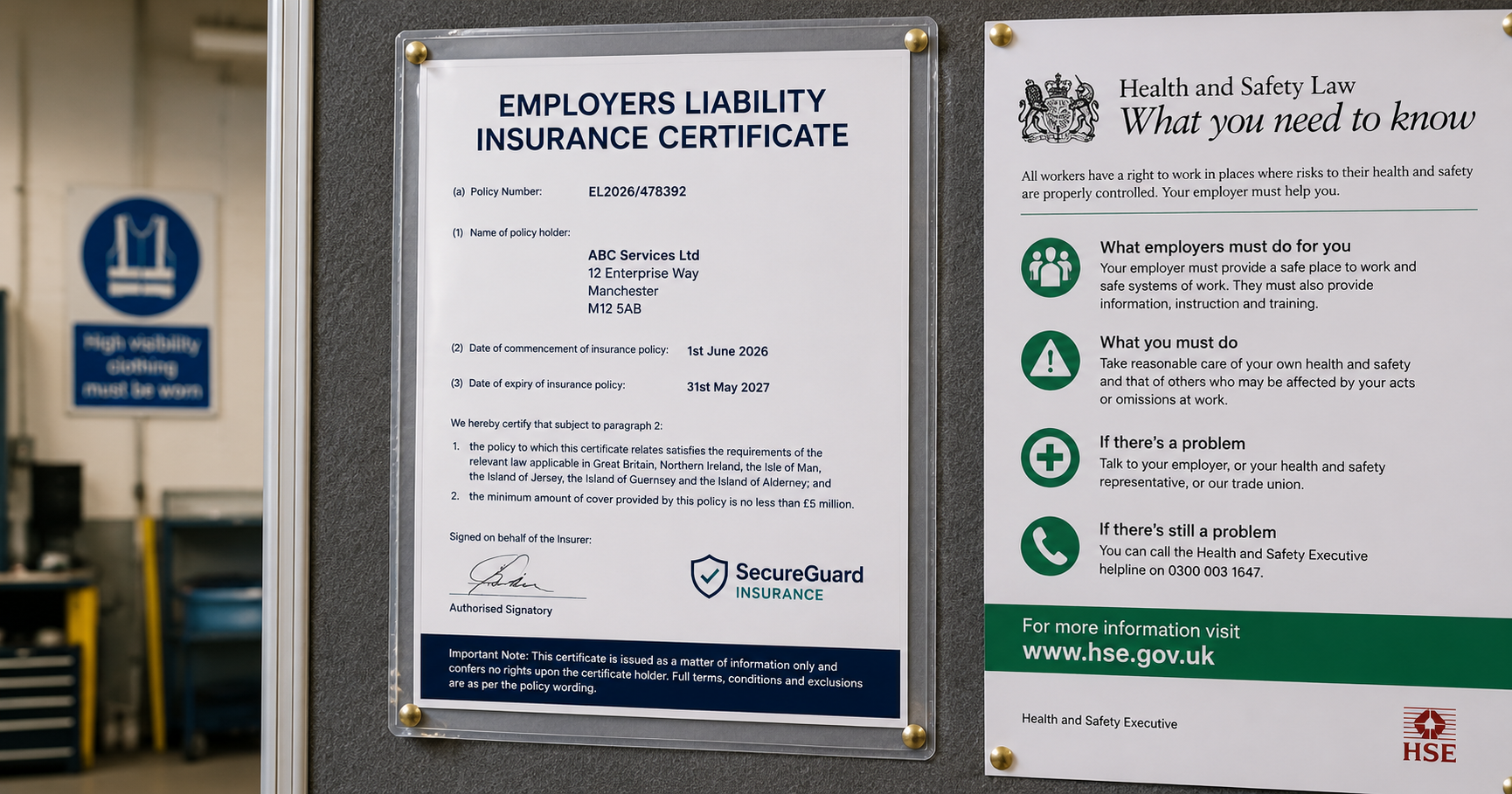An employers liability insurance certificate displayed prominently on a workplace noticeboard beside a health and safety poster