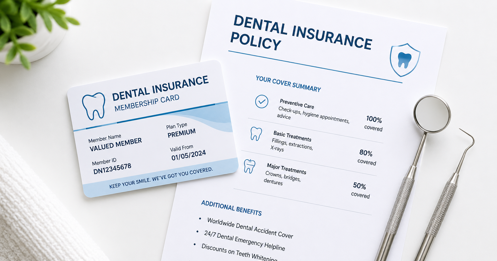 A dental insurance card and policy document beside dental instruments on a clean white clinical surface