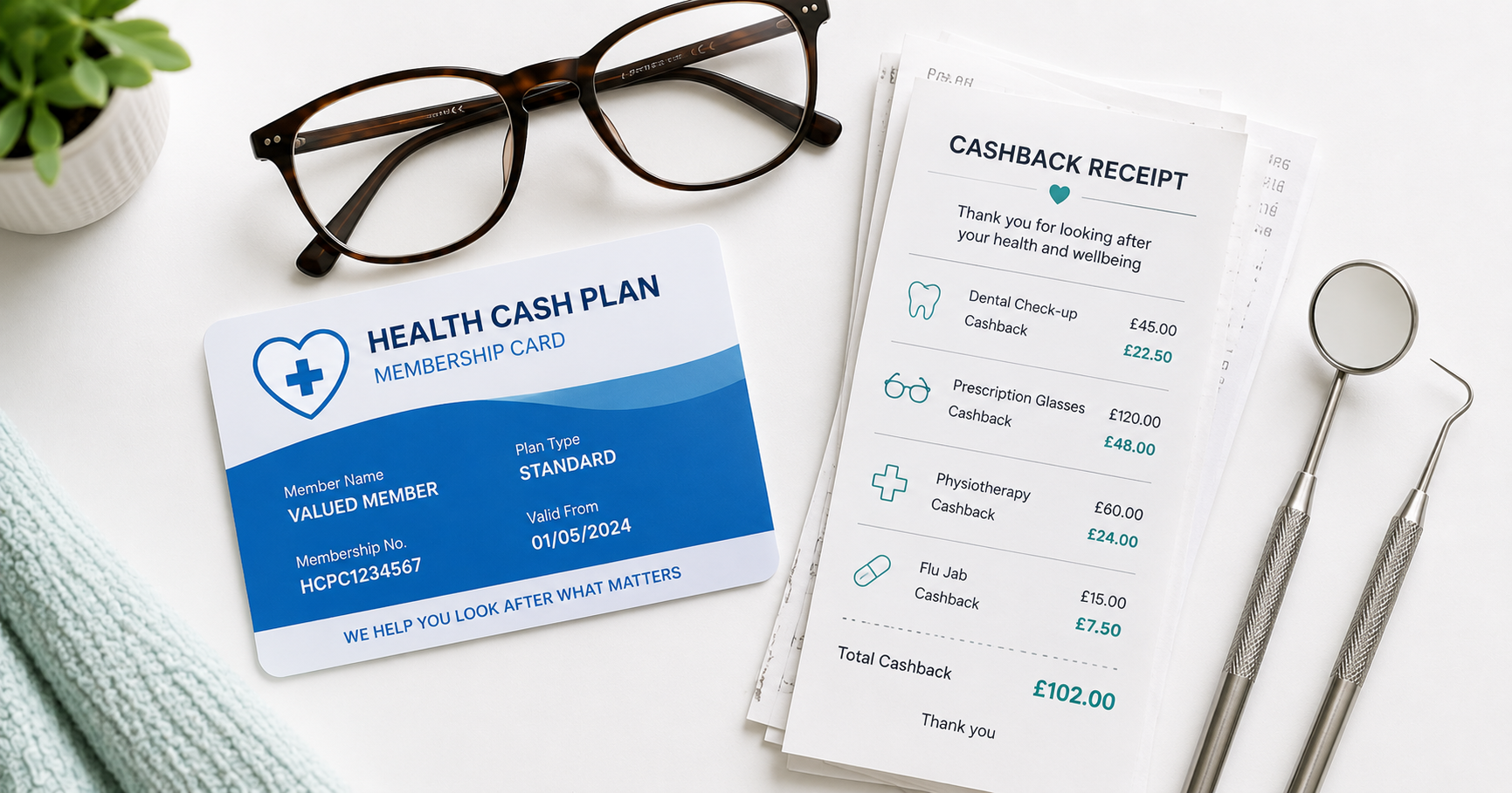 A health cash plan membership card and cashback receipt beside routine healthcare items, spectacles and dental tools, on a white surface