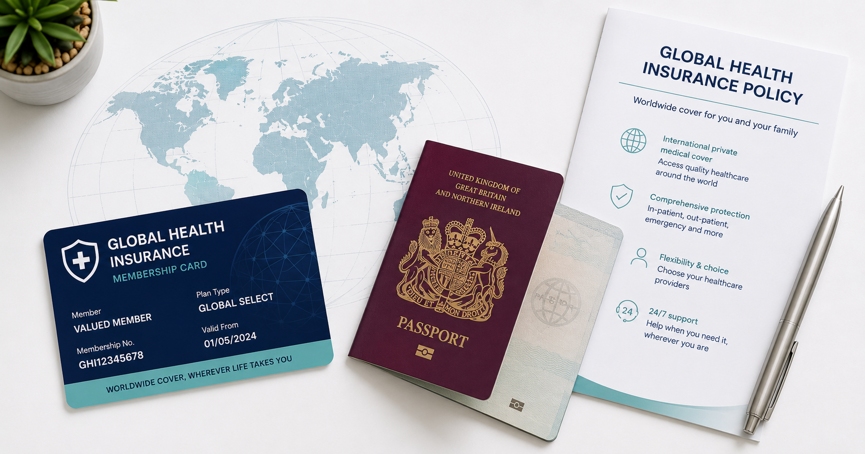 A global health insurance card and world map beside a UK passport and policy document on a clean white surface