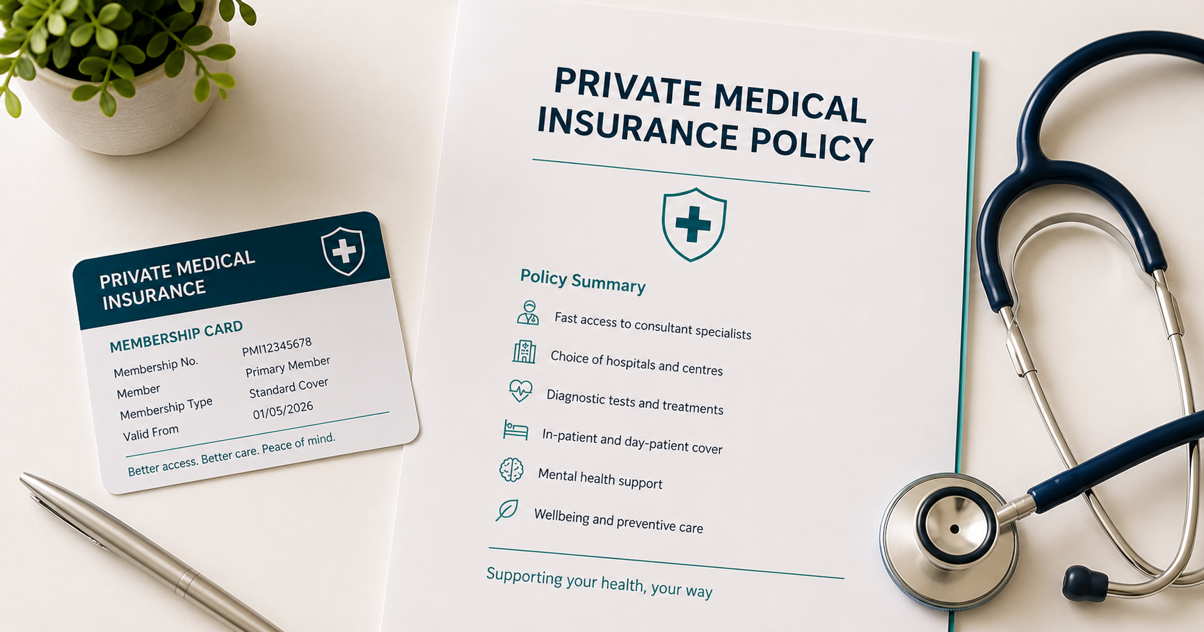 A private medical insurance card and policy document beside a stethoscope on a clean clinical white desk