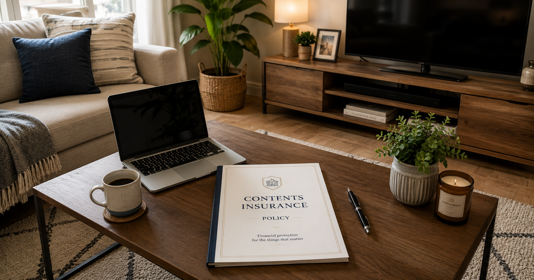 A living room interior with key household items, laptop, television, furniture, beside a contents insurance policy document