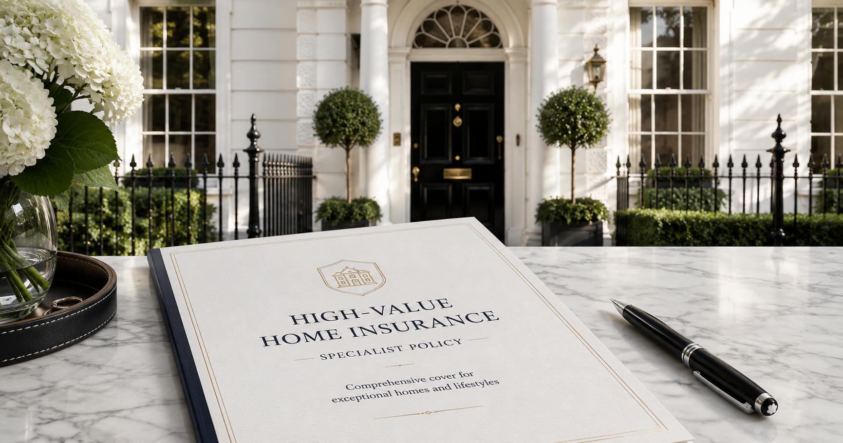 An elegant property entrance with a specialist home insurance policy document on a marble surface in the foreground