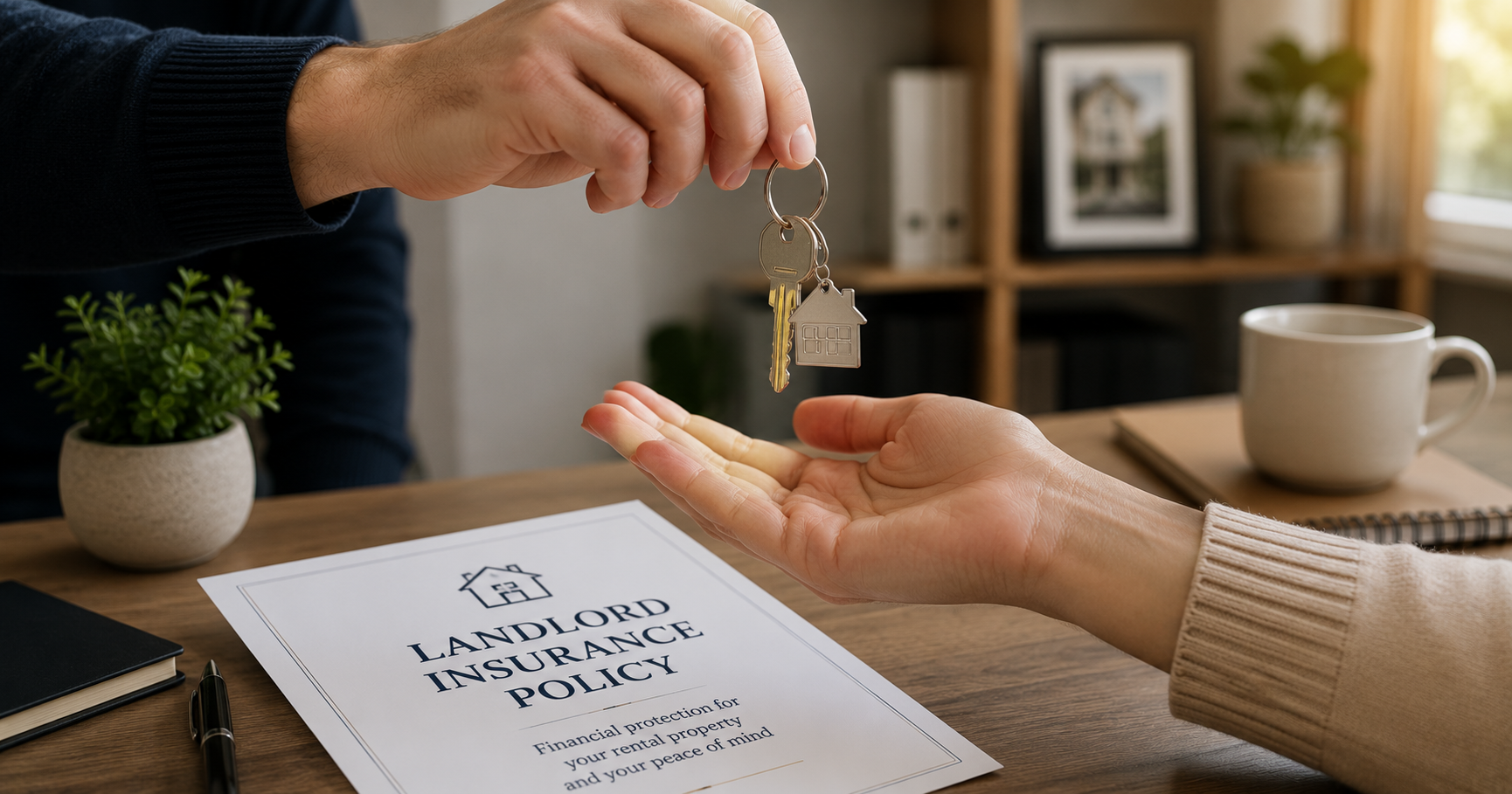 A landlord handing keys to a tenant with a landlord insurance policy document visible on a desk in the background