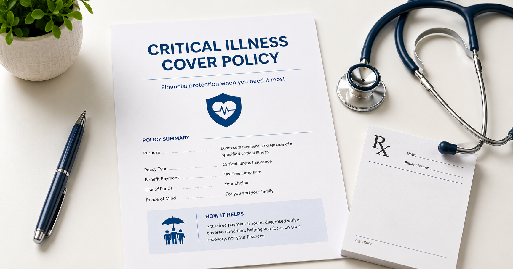 A critical illness insurance policy document beside a medical stethoscope and a prescription pad on a clean white surface
