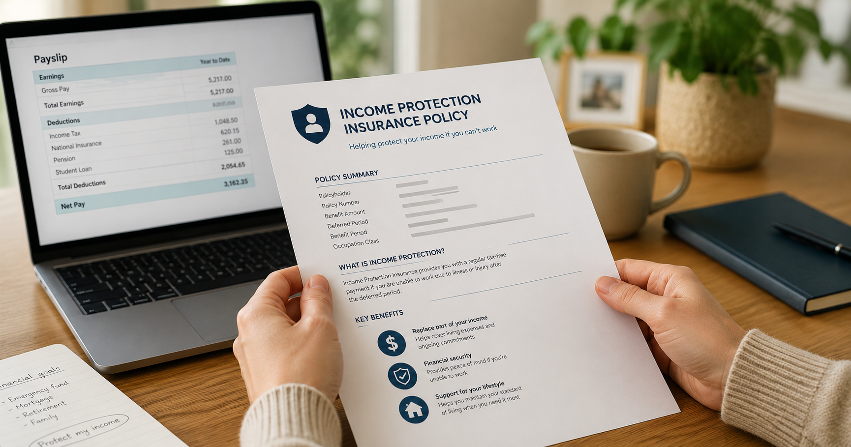 A person's hands reviewing an income protection insurance policy document at a home desk beside a laptop showing payslip figures