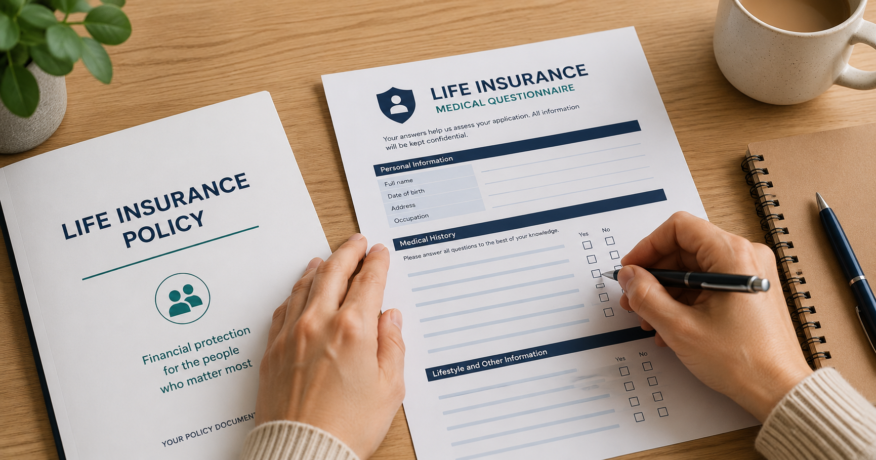 A person completing a life insurance medical questionnaire at a desk with a pen beside a policy document