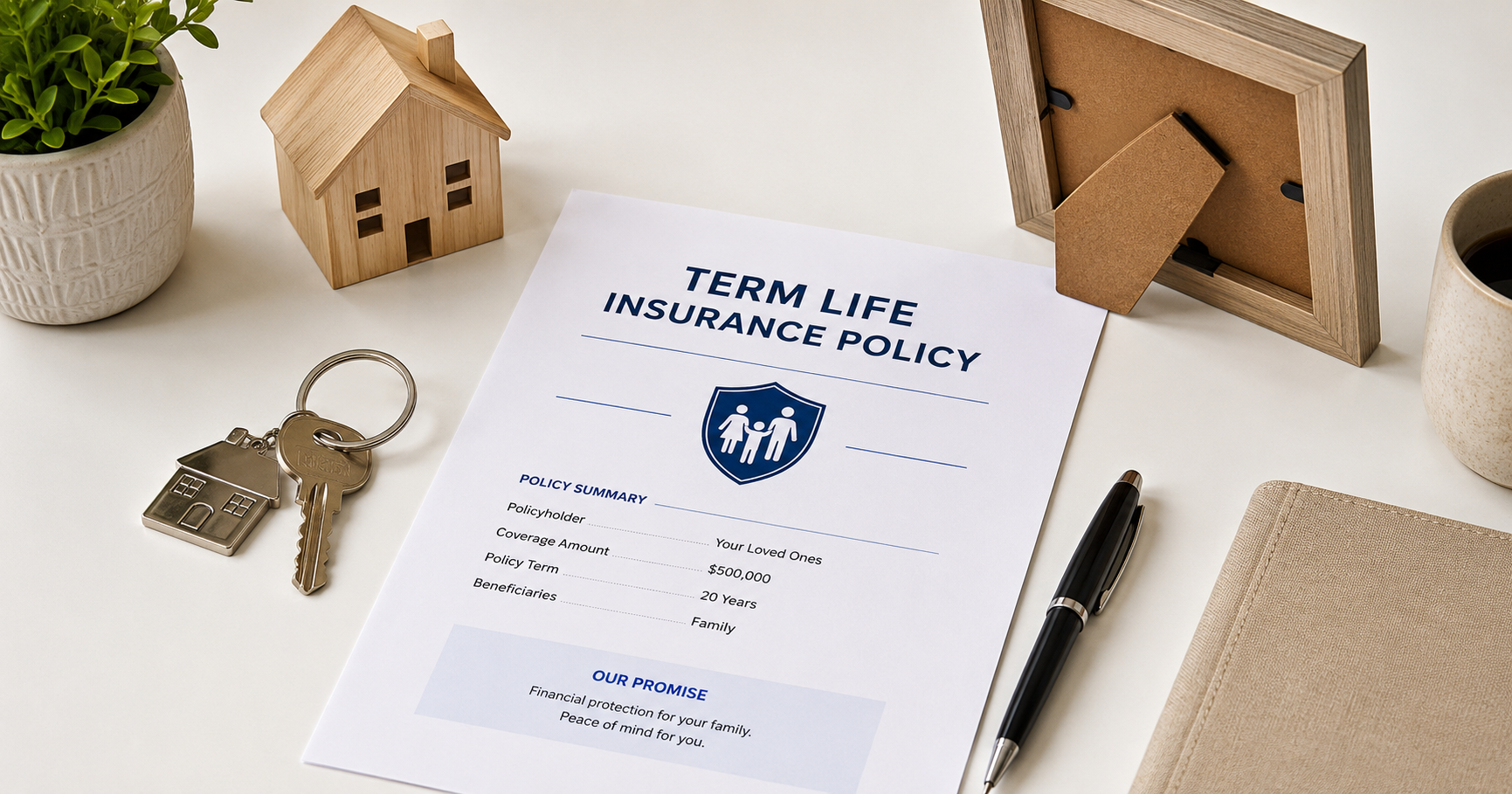 A term life insurance policy document beside a house key and a family photo frame on a clean white desk, representing mortgage and family protection
