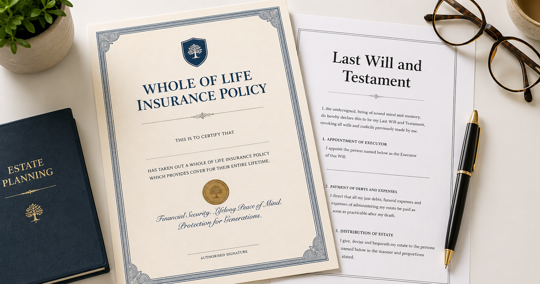 A whole of life insurance policy document beside a Last Will and Testament, a pen and reading glasses on a clean desk, representing estate planning