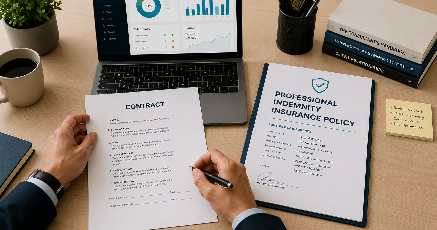 A professional sitting at a desk reviewing a contract with a printed professional indemnity insurance policy beside an open laptop