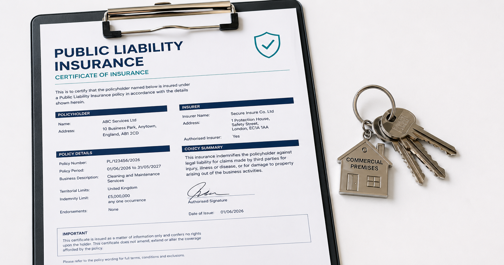 A public liability insurance certificate on a clipboard next to a set of commercial premises keys on a white desk