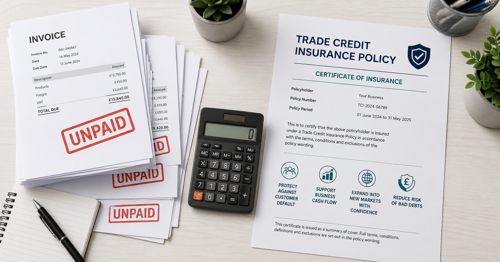 A stack of unpaid invoices beside a trade credit insurance policy document on a clean business desk